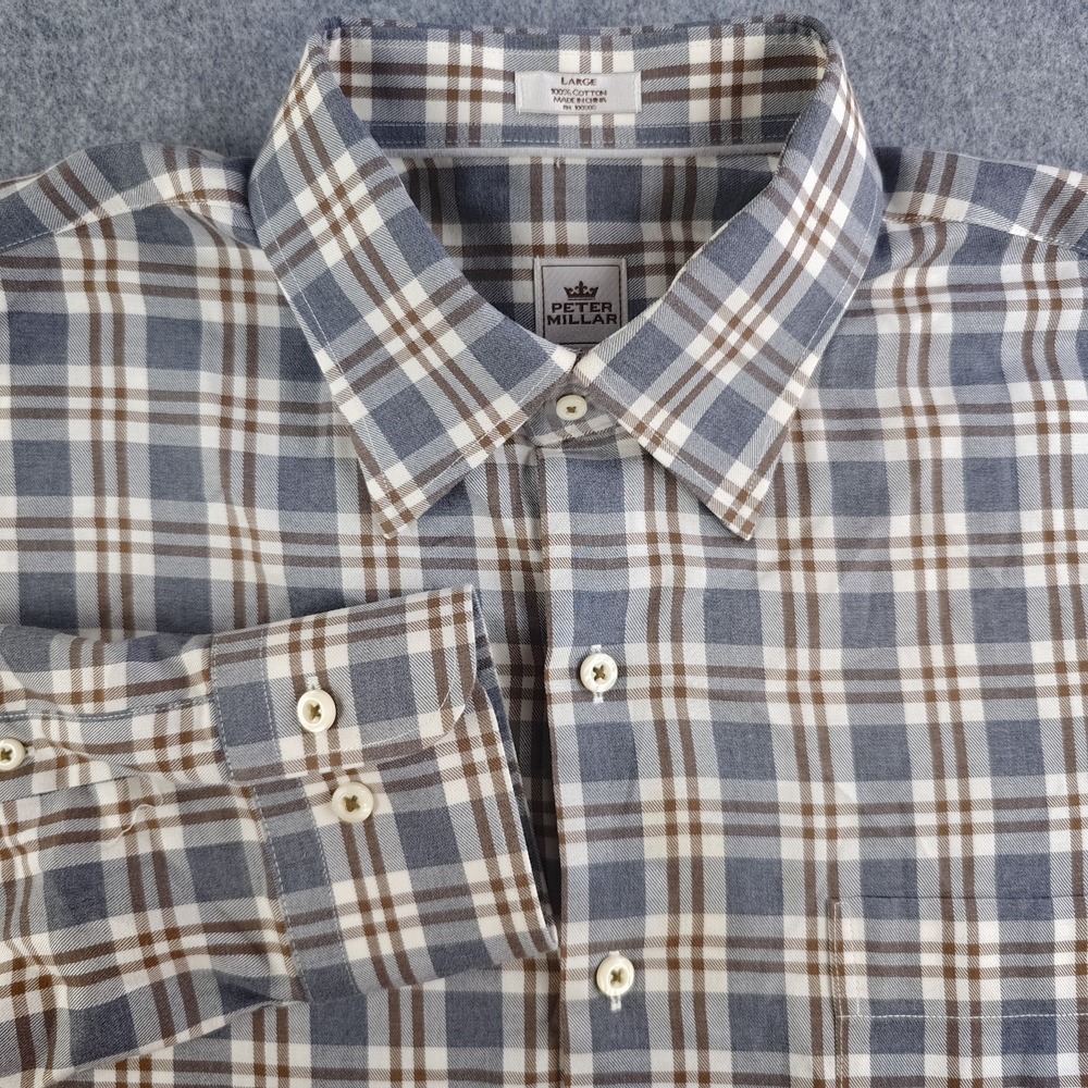 Peter Millar‎ Shirt Mens Large Gray Brown Plaid Long Sleeve Button Down Cotton